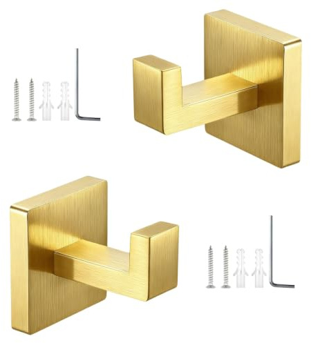 SHENGYIG 2 Stück Handtuchhaken aus 304 Edelstahl | Verdeckte Bohrungsmontage, Goldfarbene Wandhaken für Badezimmer, Küche & Schlafzimmer, Langlebig & Korrosionsbeständig