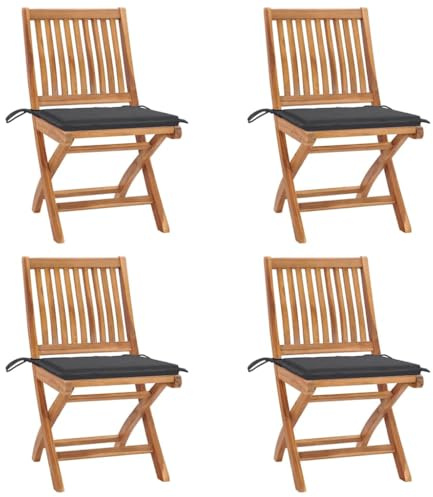 Emmtore 4X Teak Massiv Gartenstuhl mit Kissen Klappbar ohne Armlehnen Klappstuhl Holzstuhl Gartenmöbel Essstuhl Stuhl Stühle Balkonstuhl Terrassenstuhl