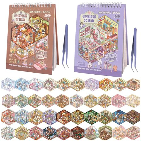 40 Stück 3D House Stickers Scene Set, Stickerbuch Wiederverwendbar con 40 Mminiatur Haus 40 PET Sticker 2 Pinzette, Sticker Therapy, DIY-Aufkleber für Basteln(Lila/Braun)