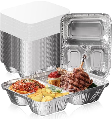 Fit Meal Prep 50 Pack 3 Compartment Foil Trays with Lids, 21.5x16.5x3.8cm Disposable Aluminium Foil Containers, Tin Foil Baking Pans for Cooking, Roasting & Food Storage