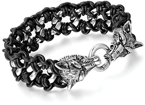 Cupimatch Herren Armband Armreif Edelstahl doppelt Wolfkopf geflochten Manschette Kordelkette Lederarmband Armreif, silber schwarz