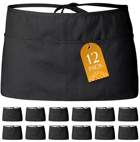 White Classic 12 Pack - Black Server Waist Aprons with 3 Pockets, Waitress Half Apron