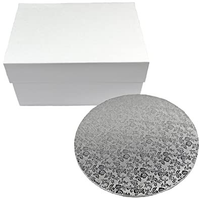 Miss Bakery's House® Cake Box mit MDF Board - Set 761: Transportkarton 34x34x15 cm - weiß - und stabile runde Holzfaser-Tortenunterlage - Ø 34 cm - silber beschichtet