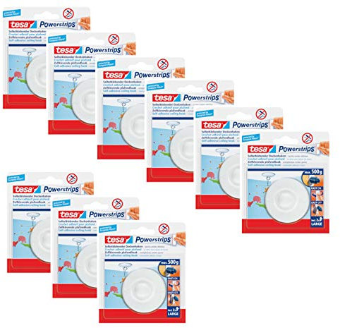 tesa Powerstrips Deckenhaken/Drehbarer Haken aus hochwertigem Kunststoff zum Kleben/Bis 0,5kg / Rüchkstandslos entfernbar (9x 1 Haken)