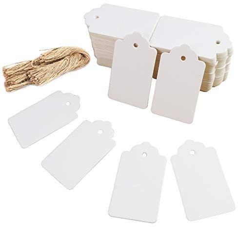 HAKACC 200 Stück Geschenkanhänger Weiß, 7x4cm Kraftpapier Etiketten mit Juteschnur für Weihnachtsgeschenke, Geschenkverpackung, Hochzeit, Geburtstag und DIY Basteln