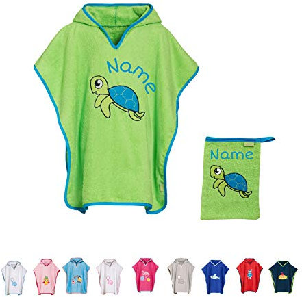 Stickling SET Kinder Badetuch Poncho und Waschhandschuh Waschlappen bestickt | personalisiert mit Namen | Baby Kapuze Bademantel | Robe | Baumwolle (grüne Schildkröte S)