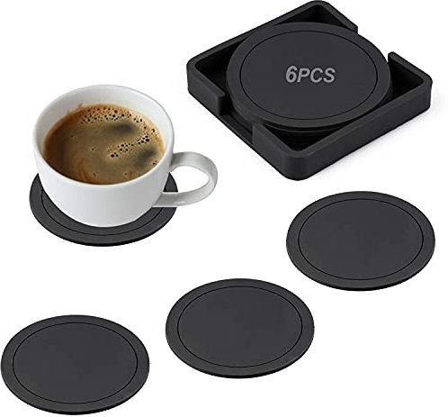 Posavasos Negros Posavasos de Vidrio 6 Posavasos de Silicona Posavasos de Vidrio Negro para Bebidas, Tazas, Bar, Posavasos de Vidrio