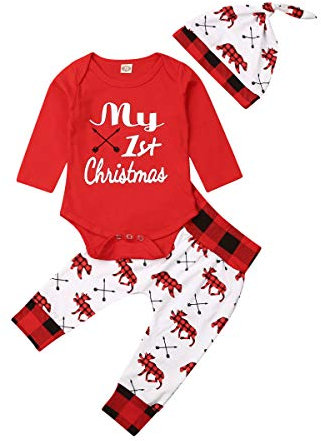 Tenue Noël Bébé Garçon Ensemble de Vêtements 3 Pièces My 1st Chrismas Combinaison Rouge Manches Longues et Pantalon à Carreaux Imprimé + Bonnet Costume Pyjama Noël (Rouge, 6-9 Mois)