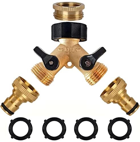 iBamso 2-Wege Y Verteiler mit 3/4 Zoll Messing Schlauchanschluss um Anschluss von 2 Geräten, Separatem Schalter, Wasserdurchfluss regulier- und absperrba, Gartenschlauch Wasserhahn-Anschluss