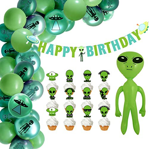 Alien Geburtstag Deko aufblasbares Alien Luftballons Komische Party HAPPY BIRTHDAY Girlande Cake Toppers Sci-Fi Geburtstagsdeko (Ballons+Banner+Kuchendeko)