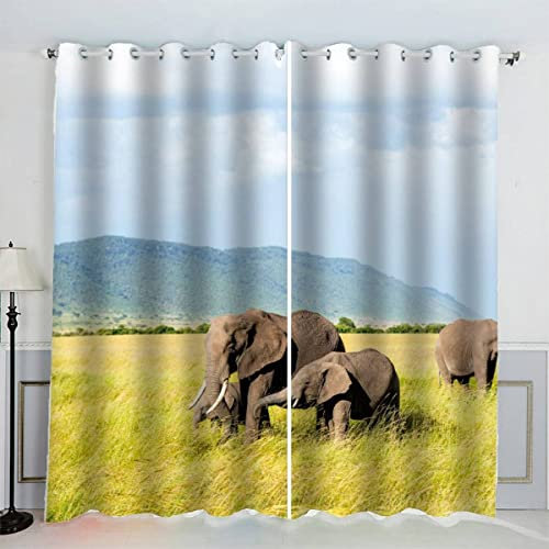 Gardine Vorhänge 2 Stück Elefanten Afrika Tiere Vorhang Schlafzimmer Geräuschreduzierung 3D Drucken Abdunklungsvorhänge 220 x 215 cm BxH