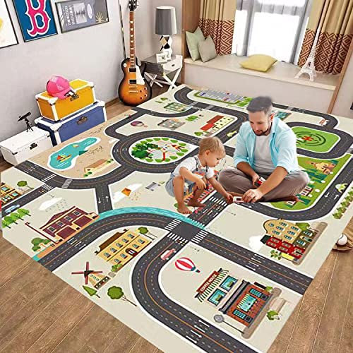 ZFHNYJWKL Kinderteppich Autoteppich Spielteppich Junge Auto Straße Haus Bauteppich Grau Blau Grün (C,160X230CM)