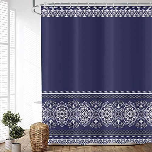 ASDCXZ Rideau de Douche Bleu 180x200 cm, Moderne Boho Géométrie Datura Bleu foncé Tissu imperméable Rideau Douche Tissu Lavable pour Baignoire avec 12 Crochets