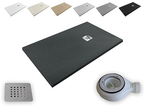 Extra-flat Resin Shower Tray outletaseo – All Sizes Available – Non-Slip Slate Texture – Includes Waste Valve + Grate (200x90, GRAPHITE RAL 7021)