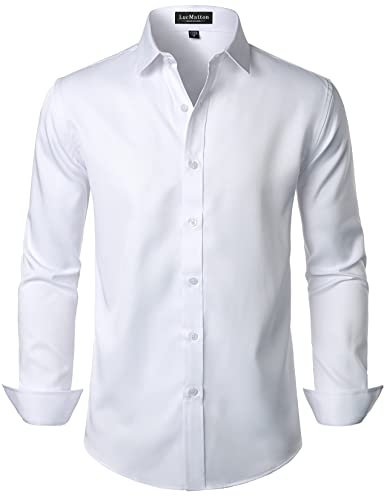 LucMatton – Chemise habillée formelle pour homme, sans plis, manches longues, coupe ajustée, boutonnée, pour mariage, fête, Blanc uni, Taille XL