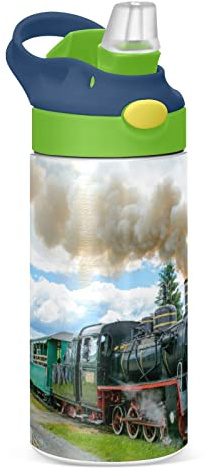Poeticcity Steam Train with Smoke Green Grass Trees Country View Tumbler with Lid & Straw, Boys Girls Stainless Steel Double Wall Cup Water Bottle BPA-Free Vacuum Insulated Thermal Mug 11.8 Oz
