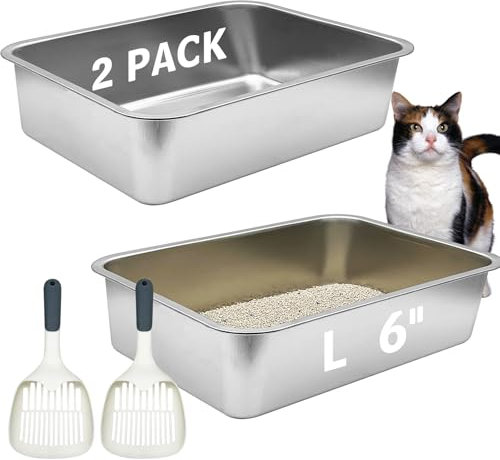 BNOSDM Katzentoilette aus Edelstahl, große Metall-Katzentoiletten mit Streuschaufeln, 15,2 cm tiefe Pfanne, Geruchskontrolle, antihaftbeschichtet, Haustiertoilette für ausgewachsene Katzen, 50 x 35 x