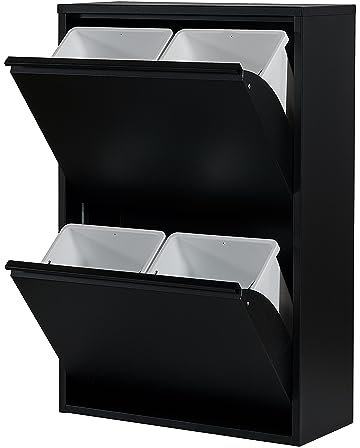 Atahome Didyma Waste and Recycling Bin - 2+2 Drawers and Plastic Buckets with Metal Handles, 4x15 Litres Waste Separation & Recycling, Sturdy Metal Structure Rubbish Bin (Black)