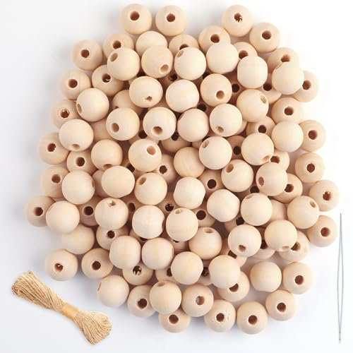 Holzkugeln mit Loch 14mm, 150 Stück Holzperlen zum Auffädeln mit Bastelseilen, Runde Holzperlen Natur, Unbehandelte Perlen Holz für basteln DIY Schmuck Armband Halskette (NATURAL, 14MM)