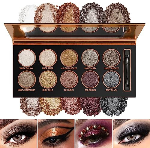 DE'LANCI Tutte le palette di ombretti con glitter, colore marrone caldo e brillante, nero, delicato ombretto glitterato, resistente e impermeabile, con glitter (10 colori)