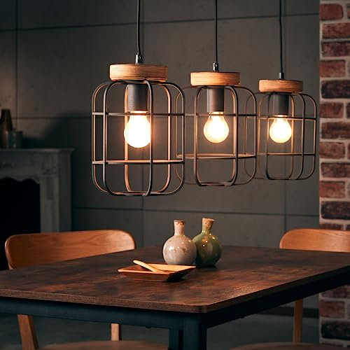 Lightbox rustikale 3 flammige Balken Hängelampe - höhenverstellbare Pendelleuchte - 115 cm Höhe & 95 cm Länge - 3 x E27 Fassung - max. 40 W - aus Metall/Holz in Antik Braun/Schwarz Korund