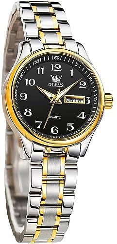 OLEVS Damenuhr Analoge Leicht zu lesen Armbanduhr mit Schwarz Kleines Gesicht Gold Silber Edelstahlband wasserdichte Day Date Uhr