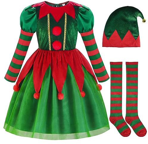 ReliBeauty Costume Elfo Bambina Vestito Natalizio Natale con Accessori Abito Christmas Tutu, 10-11 anni(140 cm)