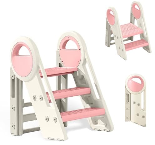 Taburete Plegable para niños, Escalera de 2-3 peldaños para Infantil, Altura Regulable, con reposabrazos para baño, habitación de Bebé, Cocina(Rosa + Blanco)