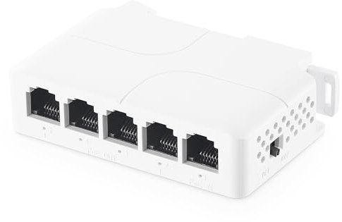 PoE Passthrough Switch, 1 in 4 Out Extender, IEEE802.3af/at/bt Powered 90 W, 100 Mbps Ethernet, guida DIN & montaggio a parete, Plug and Play