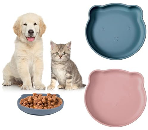 FINEASY 2 Pièces Gamelle Chat, Gamelle pour Chat en Silicone, Gamelles pour Chats Plates, Chat Accessoire avec Ventouse Antidérapante pour Nourriture Sèche et Humide pour Animaux