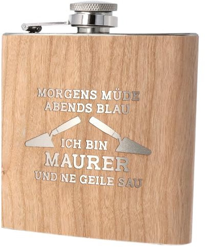 Spruchreif | Flachmann aus Edelstahl mit Gravur | Flachmann aus Holz | Outdoor Geschenk | Geschenkidee Maurer | Maurer