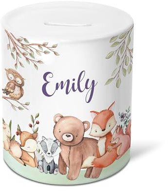 Personalised Christening Money Box - Ceramic Piggy Bank for Newborn, Baby, Toddler or Child - Cute Woodland Animals Theme