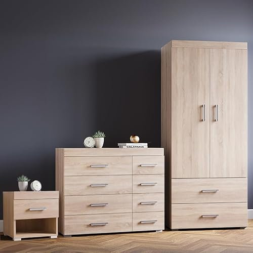 DRP Trading Sonoma Oak 3 Piece Bedroom Furniture Set, 1 Drawer Chest, 4+4 Drawer Chest, 2 Door Wardrobe, Complete Bedroom Ensemble, Ideal for Bedroom Organisation, Room Storage, Elegant Decor