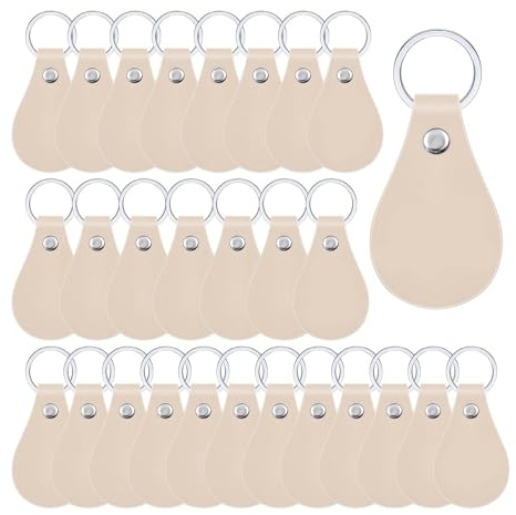 Myqqhbs 30 Stk. Leder Schlüsselanhänger Set für Bastelarbeiten Aus PU-Leder Schlüsselanhänger Rohlinge mit Nieten und Schlüsselringen zum Gravieren Schlüsselanhänger Beige