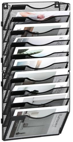 TQVAI 10 Compartiments Métal Porte Revue Mural Porte Documents A4 Organisateur De Bureau Rangement Papier Dossier Suspendus, Noir