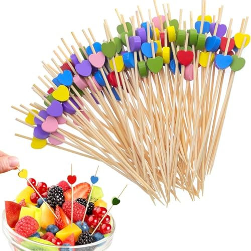 SGERUFZ 100 Pcs Palillos de Cóctel Bambú Decorativos para Frutas Tartas Bodas Pinchos Bonitos en Forma de Corazón