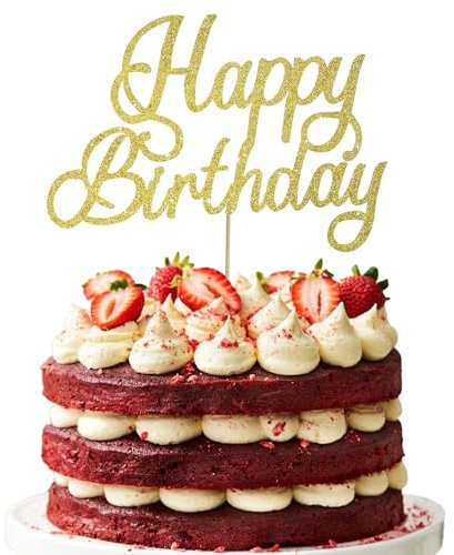 RIBBOOO 1 Pack Happy Birthday Cake Topper Gold Glitter Cake Decoration Birthday Cake Decoration for men women Birthday Party Supplies