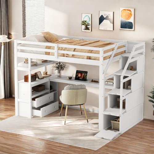 Racxily Cama alta 90 x 200 cm, cama y mesa con escalera de almacenamiento, con dos cajones, color blanco (colchón no incluido)