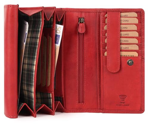 Benthill Damen Geldbörse Echt Leder - XL Portemonnaie mit RFID Schutz - Vintage Portmonee mit viel Platz - Echtleder Damenbörse inkl. Geschenkbox, Farbe:Rot