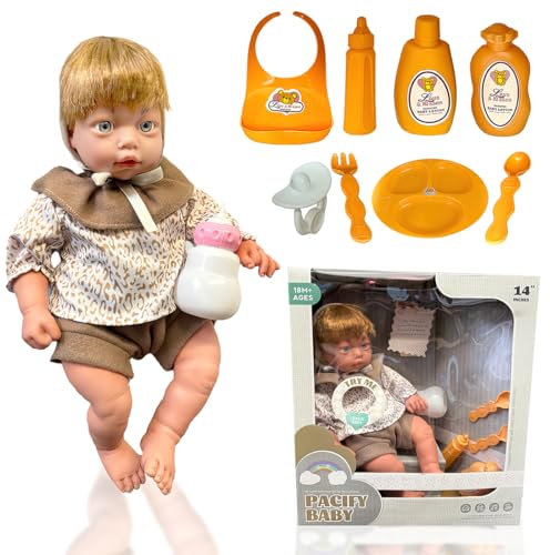 koolbitz Baby Doll Care Accessories Feeding Playset 2 PCs With Milk Bottle & Baby Bib, Spoons & Forks, 1 Dinner Plate & Baby lotion Movable Head Soft Skin for Birthday 3+ Age and Above