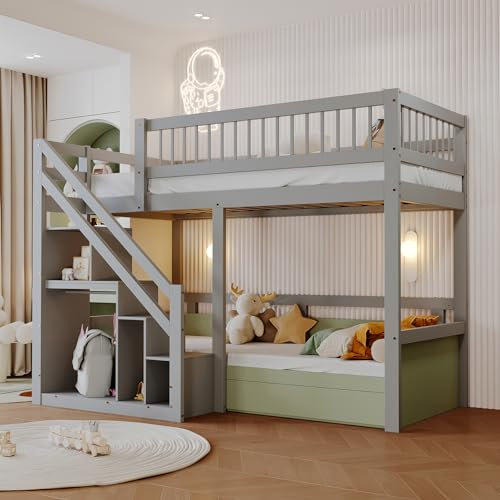 Kinderbett Etagenbett 90x200cm, Hochbett mit Treppe und Aufbewahrungsschrank, Multifunktionsbett Stockbett Spielbett Kinderhochbett Jugendhochbett mit Lattenrost & Rausfallschutz, Ohne Matratze, Grau