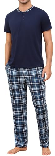 Aseniza Pyjama Homme Coton Ensembles de Pyjama Homme Doux Haut à Manches Courtes Col Rond et Pantalon à Carreaux Long Deux pièces Vêtements de Nuit Confortable Loungewear S-3XL