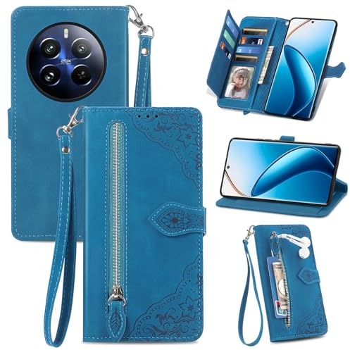 JayModCase Handyhülle für Realme 12 Pro 5G / Realme 12 Pro Plus 5G, PU Leder Magnetverschluss Handytasche, mit Reißverschlusstasche Ständer Kartenfächer Hülle Kompatibel mit Realme 12 Pro 5G - Blau