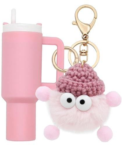Mini Cup Keychain for Stanley Pink Fur Briquettes & Mini Cup Lipstick Holder Tumbler Cup Keychain Lip Balm Keyring Bag Charm Stanley Cup Accessories Pompom Mini Stanley Cup Keychain for Women Girl