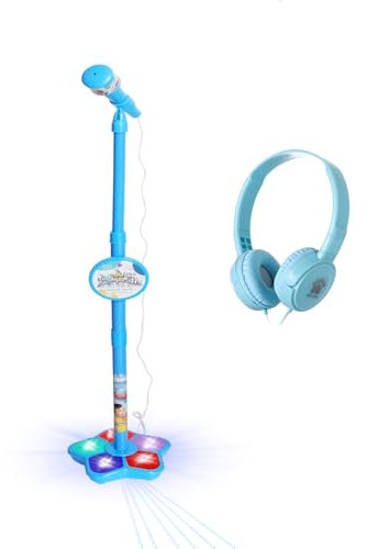 Kids Karaoke Machine with Adjustable Microphone Stand for Kids Standing Mic for Portable Singing Retractable Headset for Music & Sing-Along Flashing Stage Light Base for Aged 3+ Boys Girls (Blue)