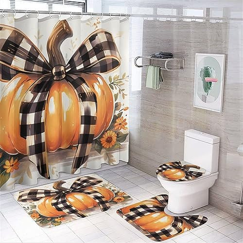 Rote und weiße Mele Kalikimaka hawaiianische Weihnachts-Duschvorhang-Sets mit Vorhang, Vorleger, WC-Abdeckung und U-förmiger Matte, roter Hibiskusstoff, Badvorhang für Badewannendekoration