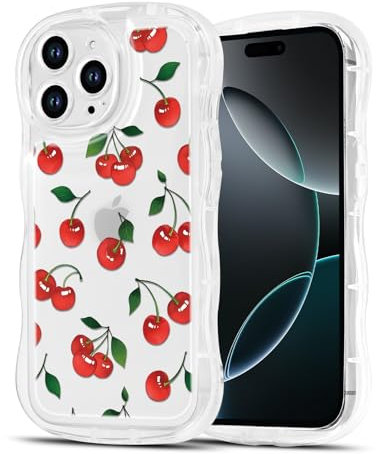 Phoona Cherry Case for iPhone 16 Pro Max 6,9, Cute Curly Wave Girly Preppy Aesthetic Design Wavy Pattern, Clear Soft Phone Case Anti-Yellowing Shockproof Protective Cover for Girls Women, Red
