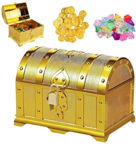 TXErfolg Schatztruhe Goldmünzen Edelstein Schatzkiste Set Schatztruhe Kindergeburtstag Kleine Schatztruhen mit Schloss und Deckel für Geburtstagsgeschenke Kindergeschenk(14x11x10cm)