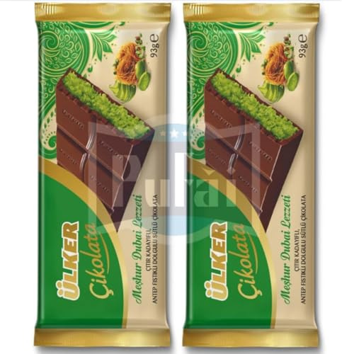 2 PACKS, Premium Dubai Chocolate Bar Pistazie Kataifi – Viral Dubai Chocolate Milchschokolade gefüllte Pistaziencreme mit Kadayif 93 Gramm