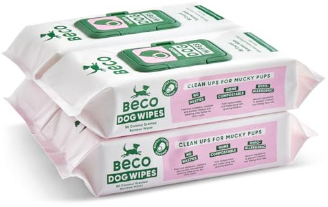 Beco Dog Wipes - 4 Packs of 80, Coconut Scented, For Paws, Body and Bum, Plant-Based Grooming Wipes